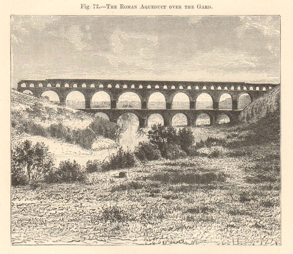 The Roman Aqueduct over the Gard. Pont du Gard 1885 old antique print picture